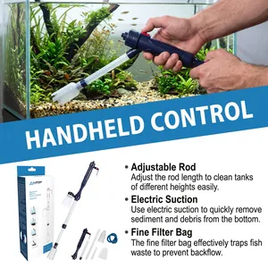 Handheld electric aquarium gravel cleaner with adjustable rod and fine filter bag for tanks