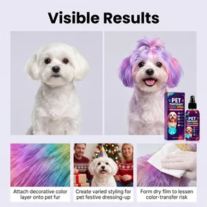 Vista detallada del spray de color temporal para mascotas con resultados antes y después