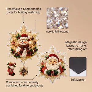 DIY Christmas rhinestone fridge magnet detail showing snowflake and Santa theme designs.