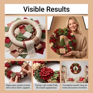 Detailed view of 3D poke wreath DIY kit components, crafting process, and finished decoration
