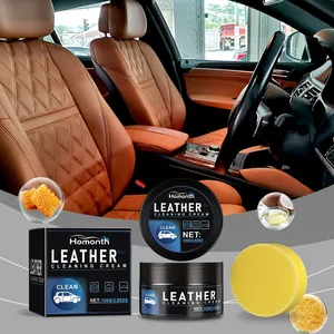 Set crema pulizia pelle Homonth con spugna applicatrice e vista interni auto di lusso