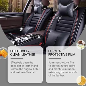 Vista dettagliata dei sedili in pelle dell'auto trattati con crema detergente e protettiva.