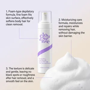 Gros plan sur le flacon de mousse dépilatoire douce et sa texture de mousse blanche fine