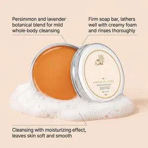 Detail of persimmon soap in tin with rich creamy lather for gentle moisturizing cleansing