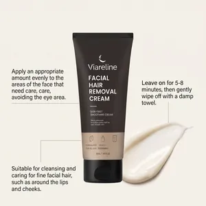 Detalle de la crema depilatoria facial Viareline con textura e instrucciones de uso.