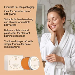 Persimmon soap in tin packaging featured with a woman in a bathrobe