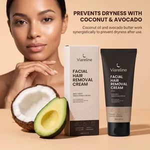 Detalle de la crema depilatoria facial Viareline con coco y aguacate para piel suave.
