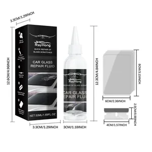 Car glass repair fluid kit dimensions showing bottle, cure films and razor blade