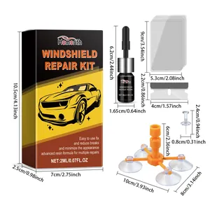 Details der Komponenten des Windschutzscheiben-Reparatursets mit genauen Maßen.