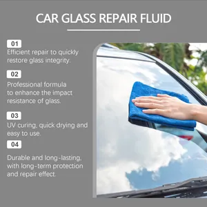 Detail view of repairing car glass windshield with a blue cloth and feature texts