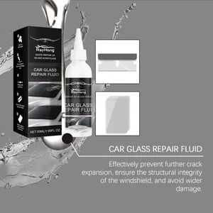 Car glass repair fluid kit with 50ml resin, blade scraper, and curing films.
