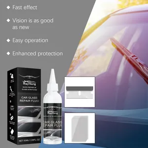 Detailed view of RayHong automotive glass repair kit with 50ml fluid and scraper