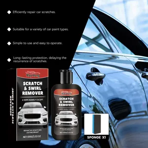 Detail showing RAYHONG car scratch remover bottle and packaging with applicator sponge