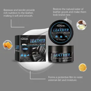Homonth leather cleaning cream detail showing beeswax and lanolin formula, 100g jar package.