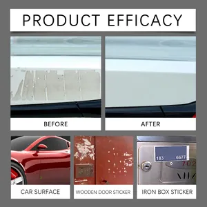 Visual demonstration of HOMONTH car sticker and adhesive remover efficacy on multiple surfaces