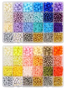Detailed top view of DIY jewelry bead kit featuring colorful acrylic beads and alphabet spacers