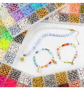 Complete colorful DIY jewelry making kit with beads, clay discs and finished bracelets