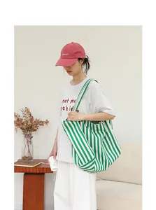 Bolso tote de lona a rayas verdes y blancas de gran capacidad para mujer, bolso de hombro casual