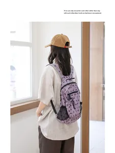 Vista trasera de una mochila de nailon violeta con lunares usada por una modelo en una sala