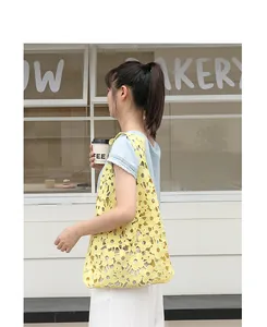 Stylish yellow lace floral shoulder bag for women, Korean style hollowed out hobo bag design