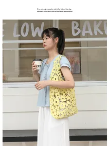 Elegant yellow lace floral hollow-out shoulder bag shown on model in a stylish street scene