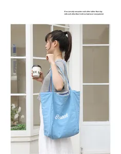 Vista detallada de un bolso tote de nailon azul claro con texto Beach en blanco.