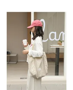 Lifestyle detail showing a beige polka dot nylon tote bag on a model's shoulder.