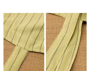 Close-up of yellow striped cotton linen tote bag straps showing fine fabric texture