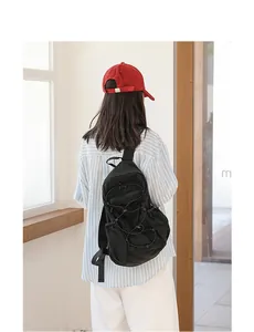 Stylish black pleated nylon backpack for women, large capacity drawstring school bag