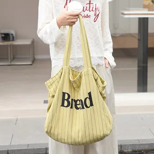 Women Cotton Linen Striped Tote Bag Retro Bread Letter Printed Canvas Shoulder Bag Large Capacity Casual Shopping Handbag