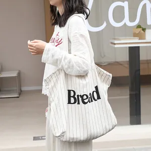 Large cream striped canvas tote bag with Bread print for women casual fashion