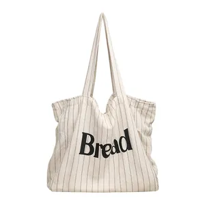Korean style striped cotton linen canvas tote bag featuring Bread letter print for women