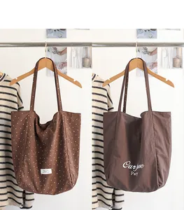 Detailed comparison of two brown Japanese-style tote bags with polka dots and artistic lettering