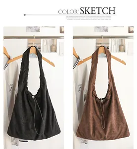 Stylish suede drawstring shoulder bags displayed in black and brown color options