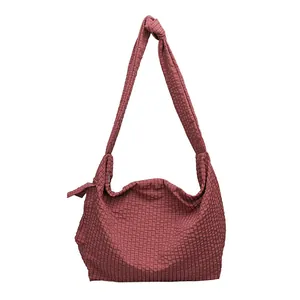Japanese style casual red checkered nylon messenger bag with unique knotted strap design