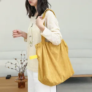 Women Japan Style Casual Suede Tote Bag Ins Fashion Drawstring Pleated Shoulder Bag Large Capacity Handbag Minimalist Bag