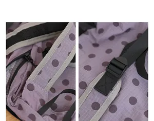 Detalle de correas de mochila de nailon con lunares morados y hebilla de ajuste negra