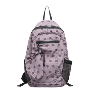 Mochila de nailon violeta con lunares estilo coreano y pequeño bolso a juego