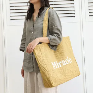 Bolso tote casual de cuadros amarillos estilo japonés con estampado de letras Miracle