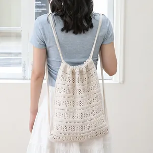 Mochila de Hilo de Algodón Tejido Calado Estilo Japonés Bolso de Hombro Casual con Cordón para Mujer Bolso de Punto de Viaje y Playa Moda