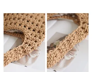 Close-up of the intricate handmade woven mesh and handle texture of a cotton handbag.