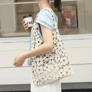 Women Lace Hollow Floral Shoulder Bag With Drawstring Inner Pouch Korean Artistic Style Underarm Tote Bag