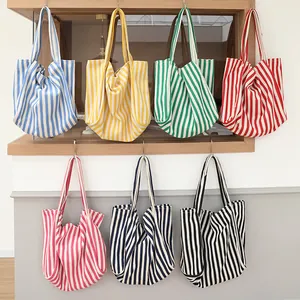 Bolsa Tote de Lienzo a Rayas de Gran Capacidad Estilo Coreano Bolso de Hombro Minimalista Simple para Mujer Escuela Diario