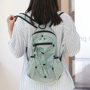 Japanese style plaid nylon backpack with drawstring and large capacity for daily use