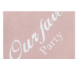 Close-up of 'Our favorite Party' white printed letters on pink nylon tote bag fabric