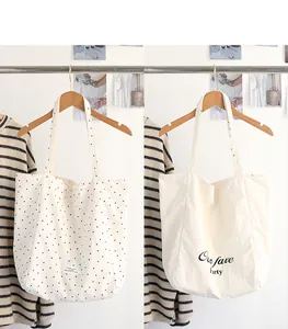 Side-by-side comparison of polka dot and text print canvas tote bags in a studio.