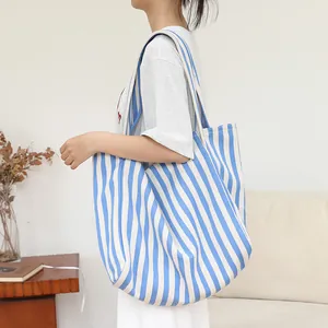 Bolso tote de lona a rayas azules y blancas de gran capacidad con diseño coreano.