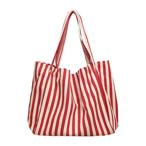 Bolso tote de lona con rayas rojas y blancas, gran capacidad para uso diario.