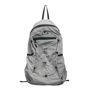 Casual Japanese style grey grid nylon backpack with large capacity and bungee cords