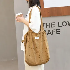 Damen Polka Dot Canvas Tote Bag Casual Kordelzug Schultertasche Große Kapazität Literarischer Stil Handtasche Für Den Täglichen Einkauf Reisen